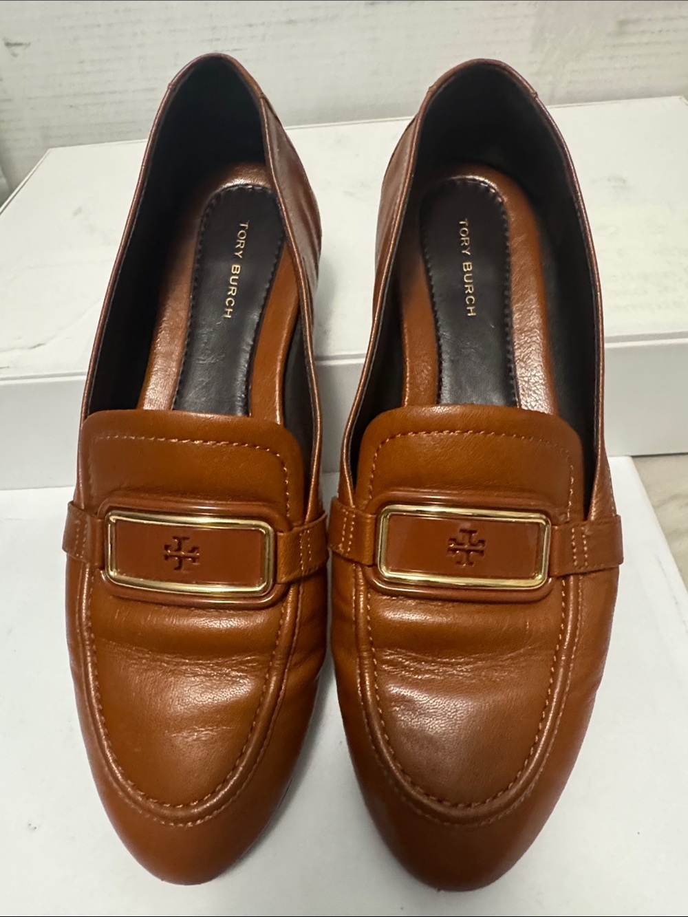 Tory Burch Cognac Leather Loafers with Gold Logo Buckle
